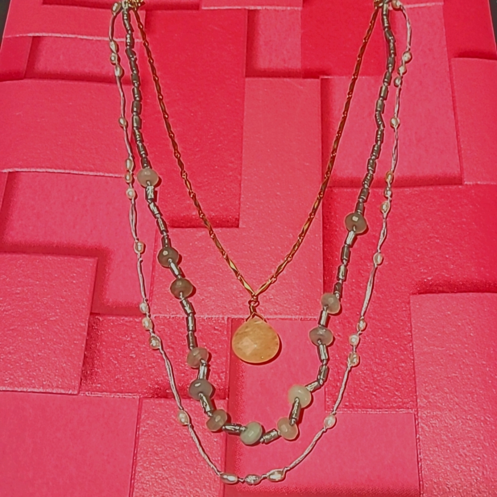 Anthropologie triple chain, beaded necklace w/ multi-colored quartz stones